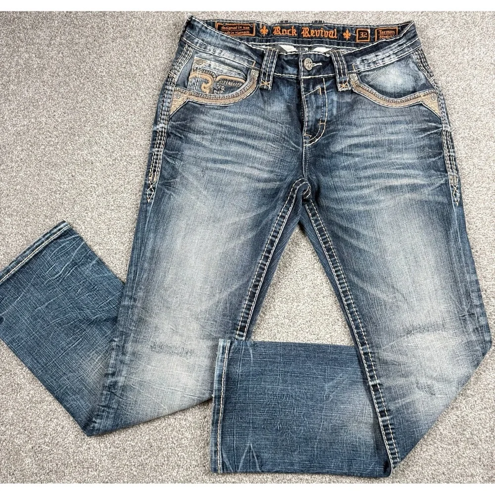 Rock Revival Tarmon Straight Jeans Mens 32x32 Medium Wash Distressed Denim